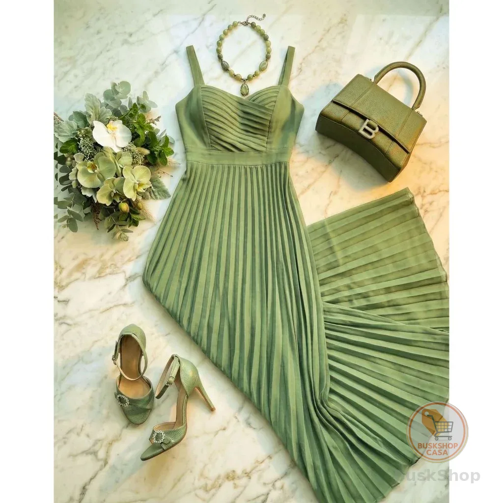 Vestido Longo Femenino de Alça Verao Tendencia Plissado Feminino Elegante Slim P M e G