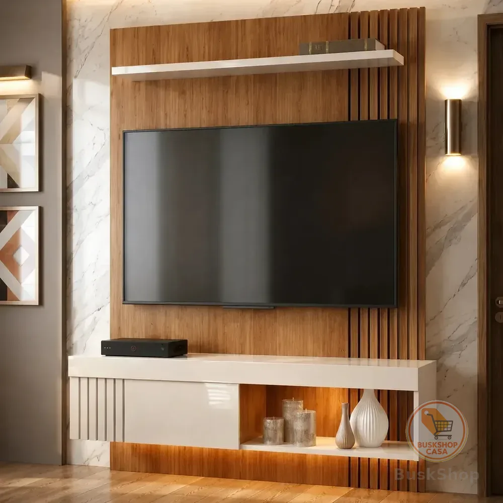 Painel Bancada Suspenso Para Tv Jade Caemmun Design Sala Moderna Cor Freijó/off White