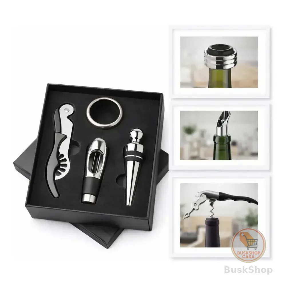 Kit Vinho 4 Peças Aço Inox Vbs Brasil Abridor Garrafa Manual Tipo Saca Rolhas Bico Dosador Tampa Anel
