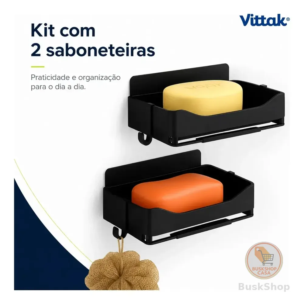 Vittak Kit 2 Porta Sabonete Duplo Suporte Saboneteira Parede Banheiro Cozinha Lavabo Área De Serviço Preto