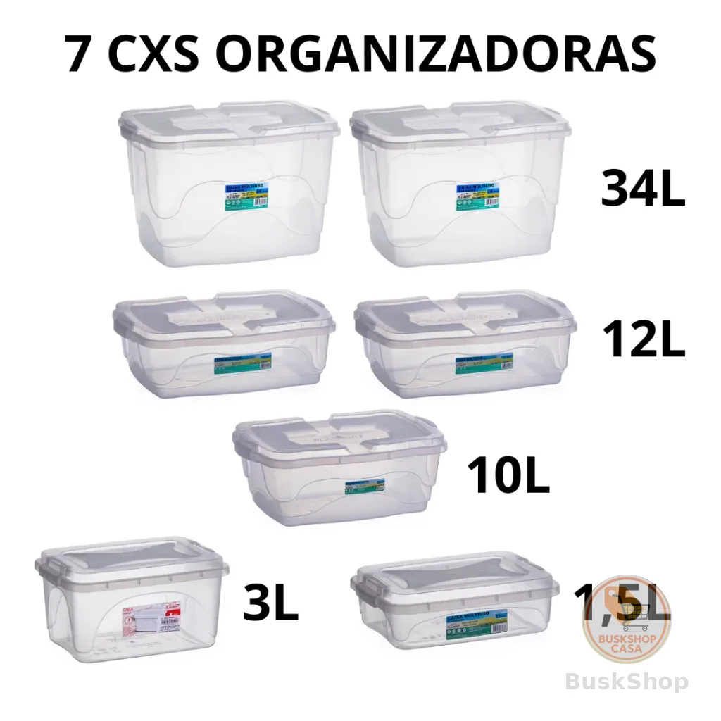 Kit Caixas Container Organizadoras 7 Peças Vários Tamanhos 34L 12L 10L 3L 1,5L
