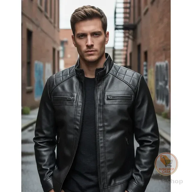 Casaco Couro Masculina Forrada Slim