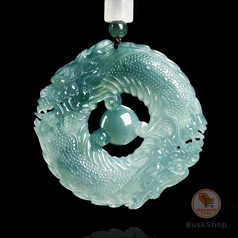 Colar com Pingente de Jade Natural Azul Esmeralda Genuína, Esculpido em Jadeíta, com Design de Dragão Duplo, Joia da Moda, Amuleto, Certificado de Presente