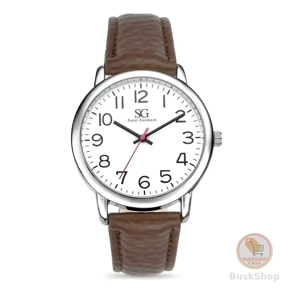 Relógio Masculino Chrowl Prateado Saint Germain Correia De Couro Marrom Caixa Prateada Fundo Branco 40mm Elegante Clássico