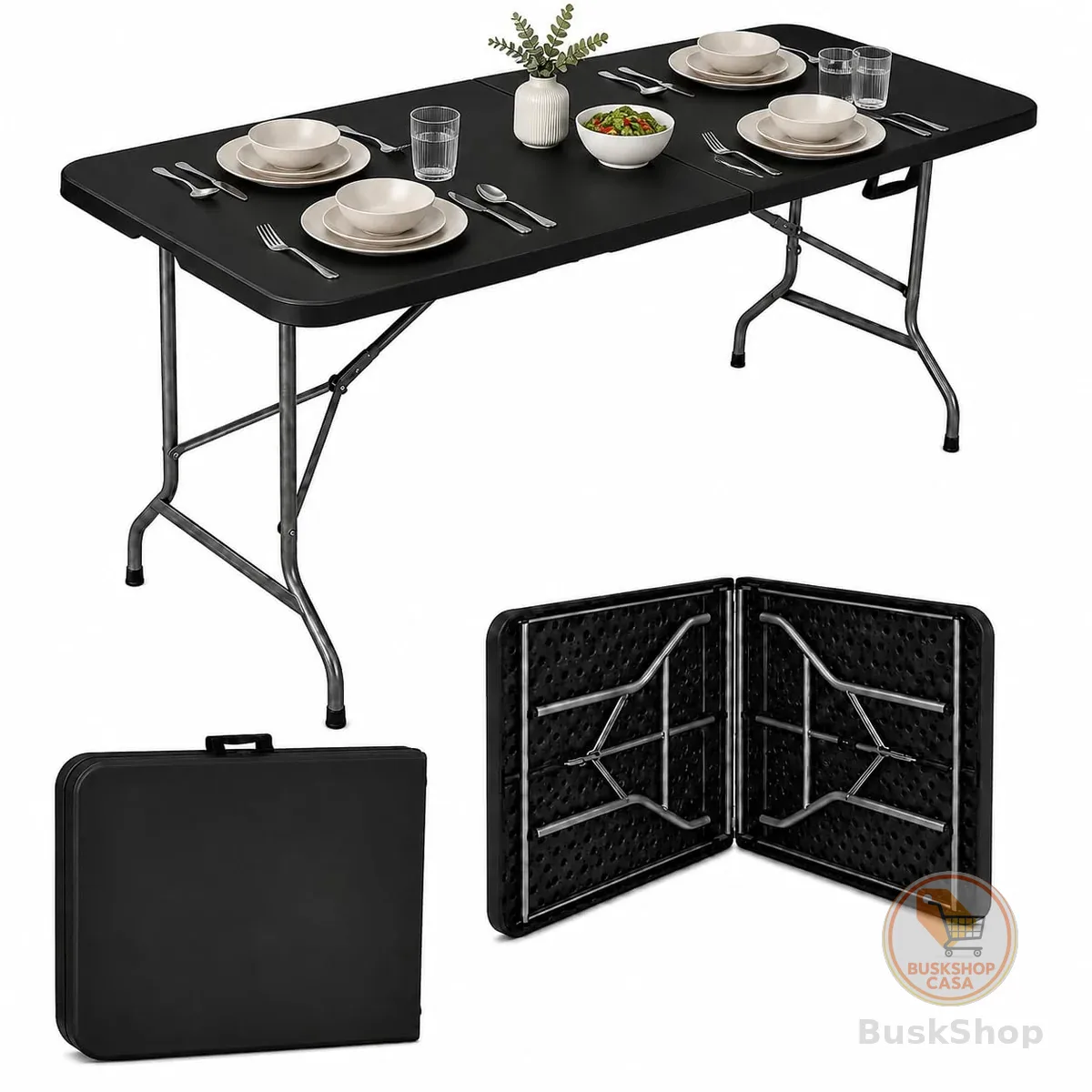 Mesa Dobrável 1,80m Portátil Preta Tipo Maleta com Alça – Resistente e Leve, Ideal para Camping, Praia, Jardim, Festas e Área Gourmet Interna ou Externa