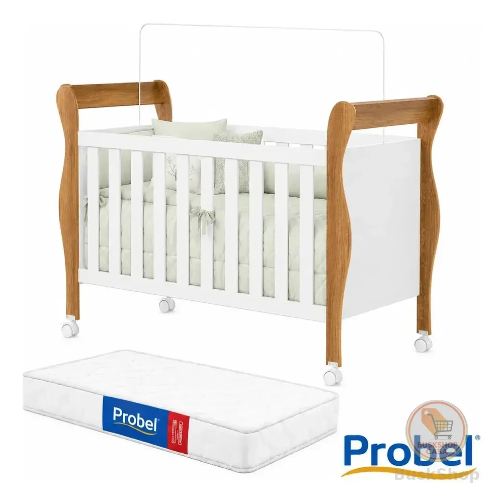 Berço 3 Em 1 Americano Slim 100% Em Mdf Vira Cama Com Colchão Probel E Rodízios Grade Cor Branco Amadeirado Amadeirado