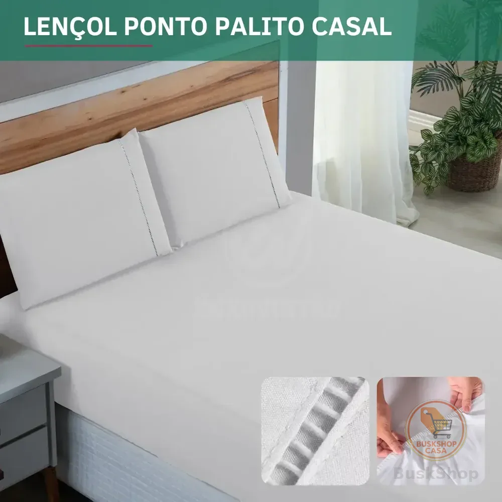 Jogo Cama 400 Fios Casal 3 Peças C/ Elástico Percal Fronha Ponto Palito Extra Macio Suave Resistente Cor Branco Liso
