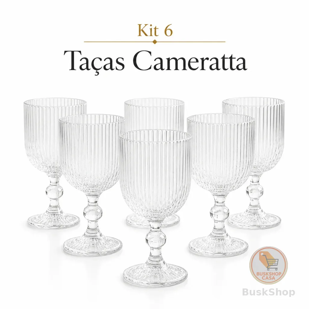 Kit 6 Taças Cameratta 360ml Vidro Transparente Canelado Mesa Posta Elegante