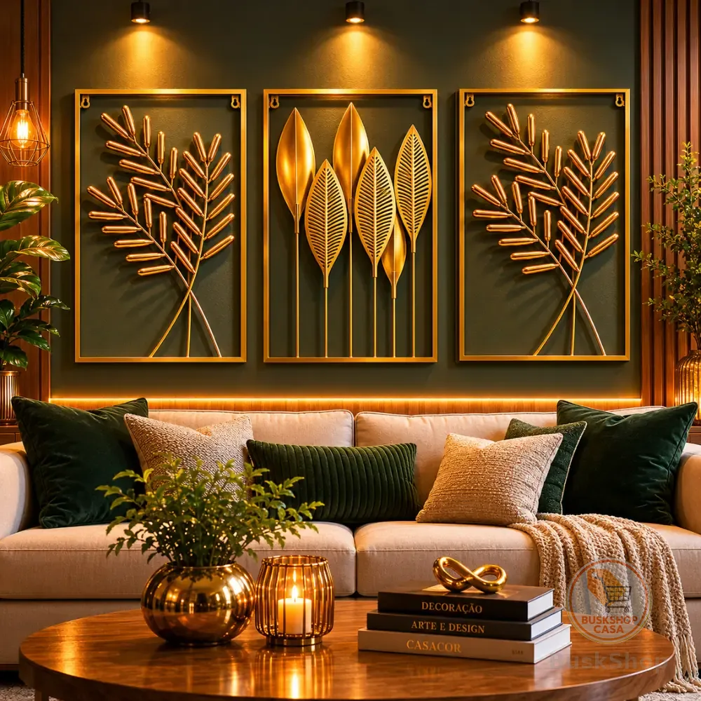 Kit 3 Quadros Decorativos Grande Luxo Dourado com Flores e Plantas para Sala Quarto e Escritório