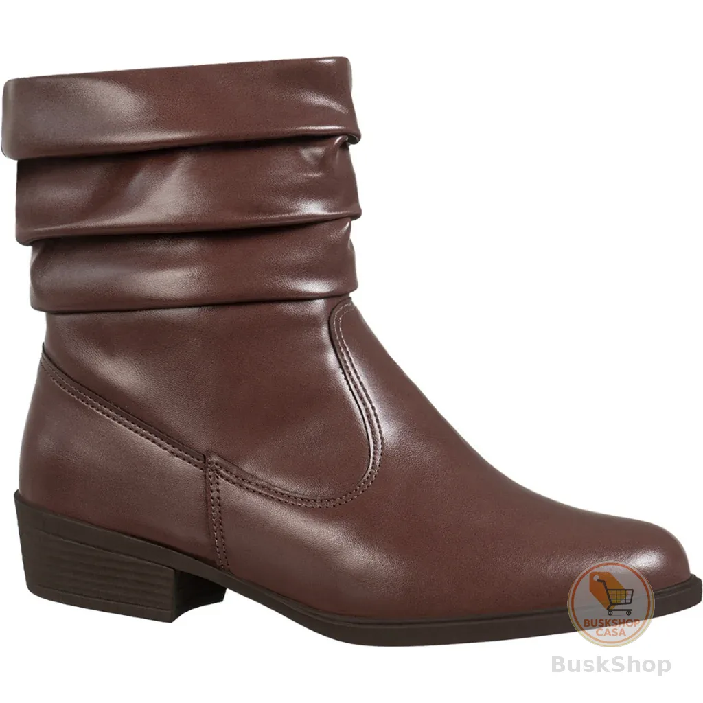 Bota Feminina Bico Arredondado Franzido Enrugado Plissado Lateral Cano Curto Salto Baixo Cléo GiGiL