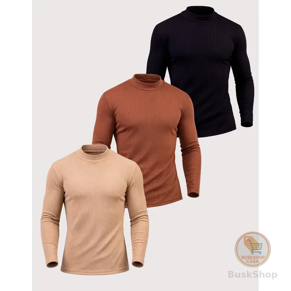 Kit 3 Cacharrel Suéter Canelada Masculina Inverno Premium Preto/marrom/bege Canelada Gg