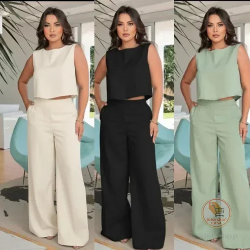 Conjunto alfaiataria Linho feminino Calça Pantalona + blusa regata social luxo Elegante Chique