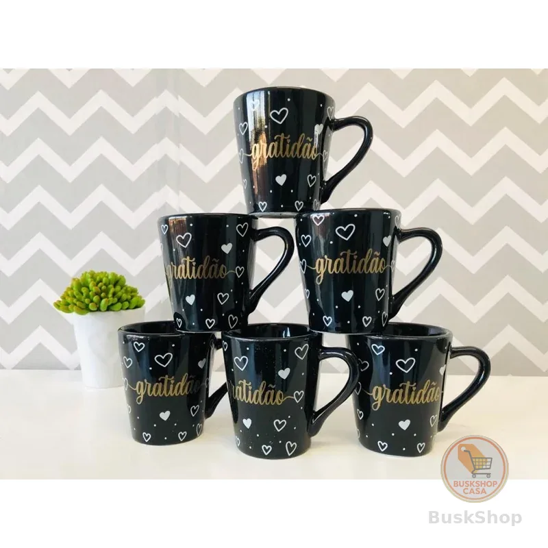 Jogo Kit 6 Xícaras Canecas Café Porcelana 120ml Preta Decorada Gratidão