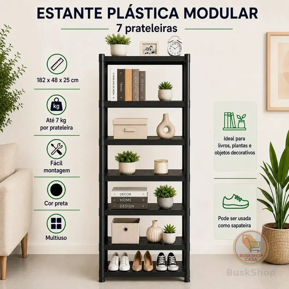 Estante Plástica Modular Multiuso Preta 7 Prateleiras Organizadora Para Livros Plantas Objetos Decorativos