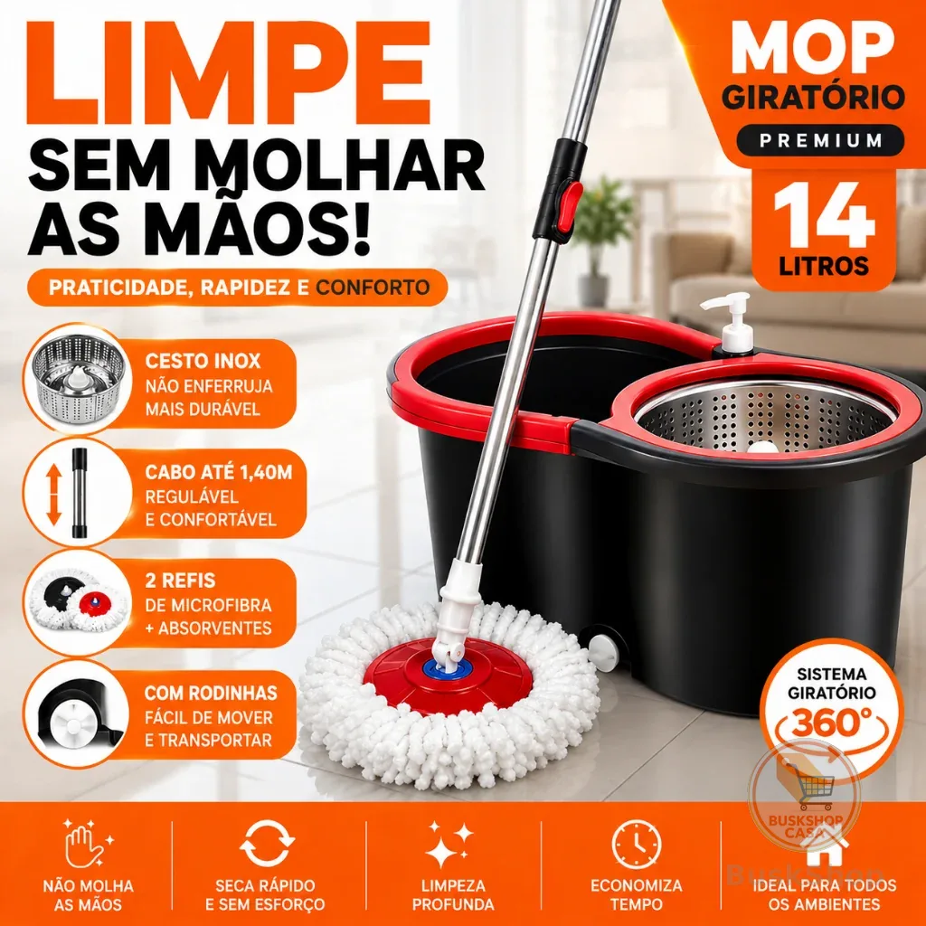 Mop Giratorio Com cabo de 140 cm Cesto Em Inox - Balde Centrífuga - C/2 Refil - Nybc