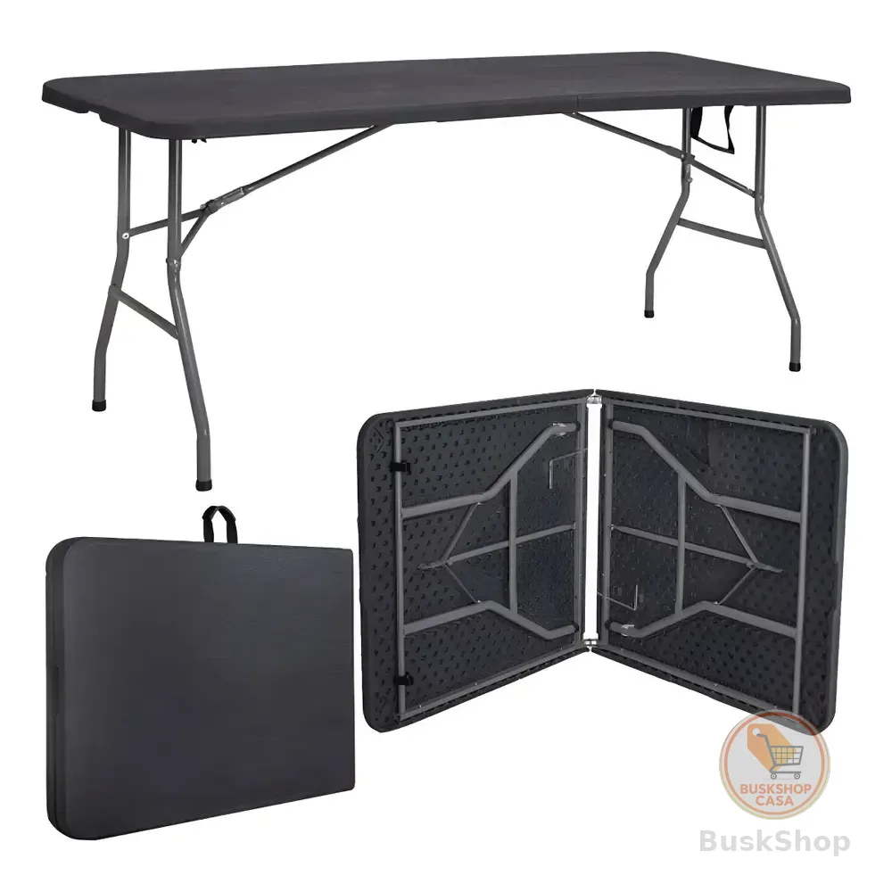 Mesa Dobrável Vira Maleta Com Alça Portátil 1.80m Para Camping Pesca Jardim Área Externa Ou Interna Salão De Festas Gourmet Cor Preto Luvinco