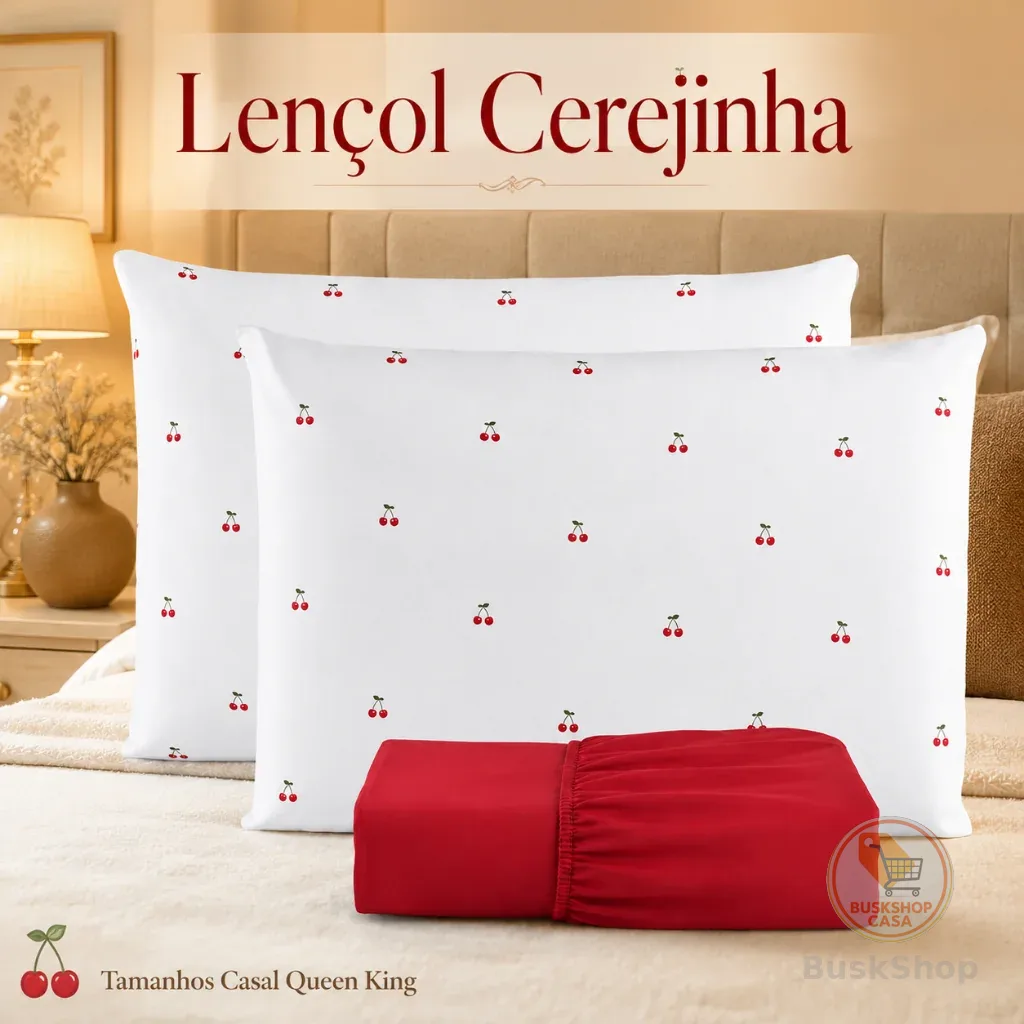 Jogo de Lençol Com Fronhas Cereja Casal Queen King 3 Peças