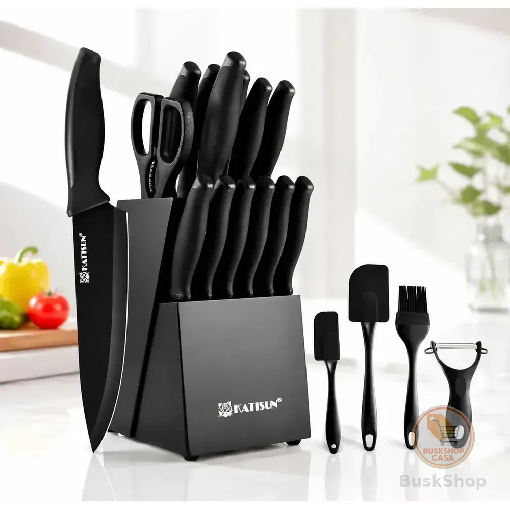 Jogo De 15 Facas De Cozinha De Aço Inoxidável Katisun Com Suporte E Afiador, Preto