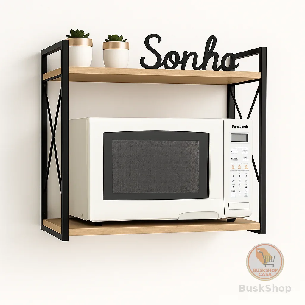 Suporte Micro-ondas Industrial Parede Ferro Madeira Reforçado Prateleira Cozinha Gourmet