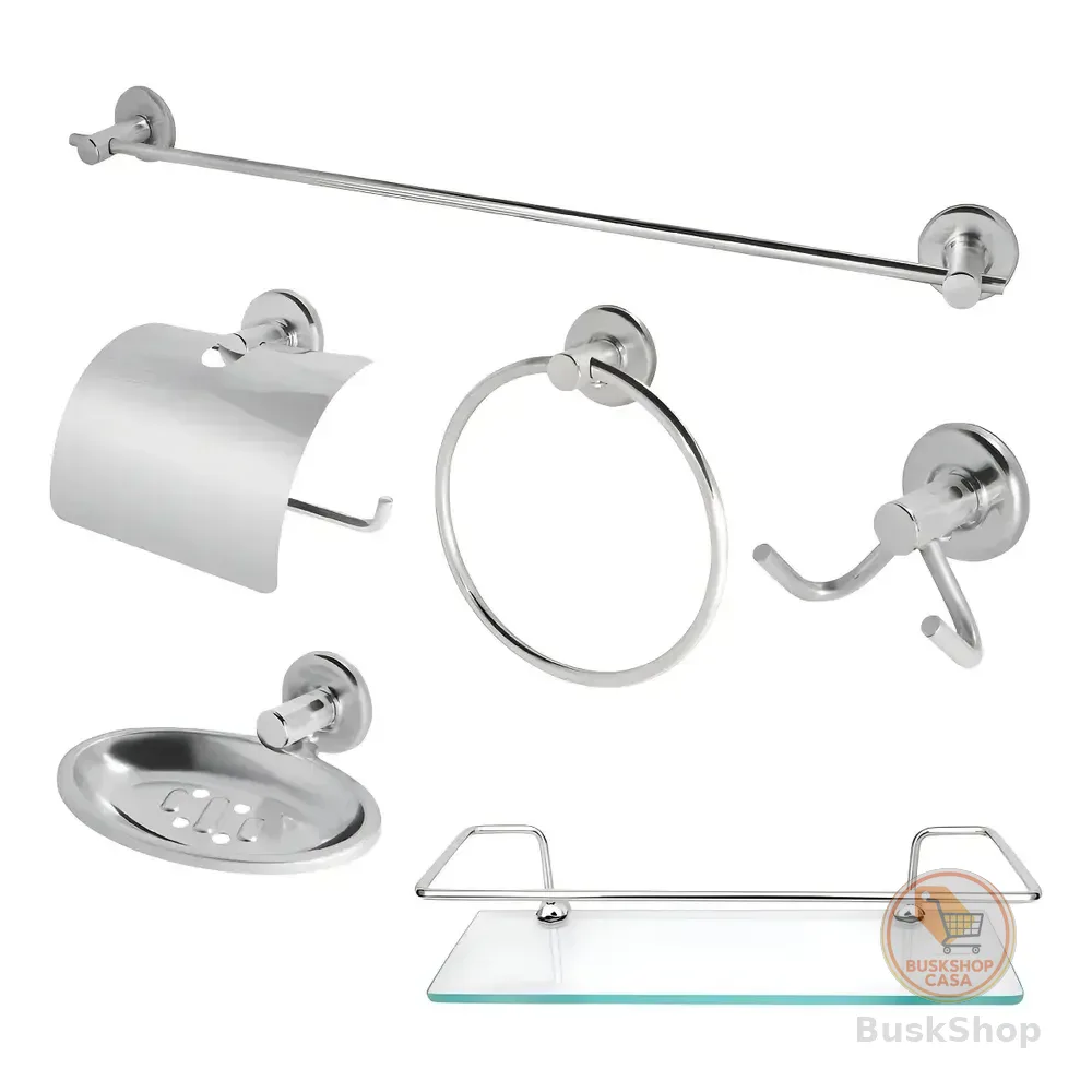 Kit Acessórios Banheiro Inox 5peças + 1 Porta Shampoo Reto Cor Prateado