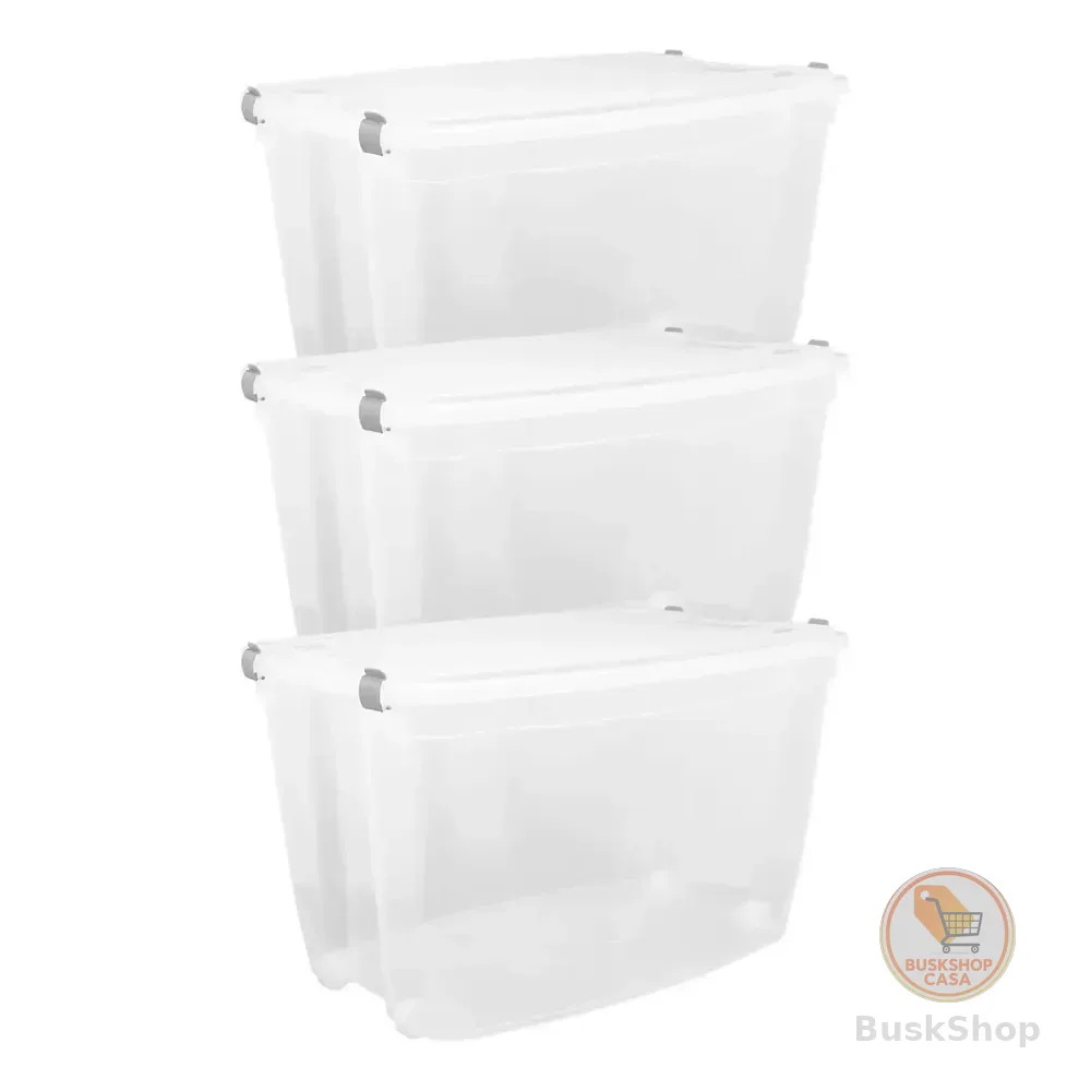 03 Caixa Organizadora Grande Plástico 78 Litros Transparente Transparente Liso
