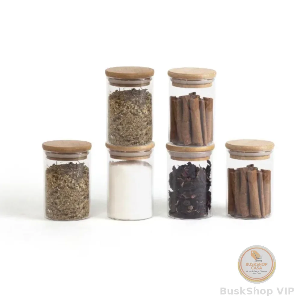 Kit 6 potes de vidro com tampa de bambu herméticos para mantimentos 250 ml