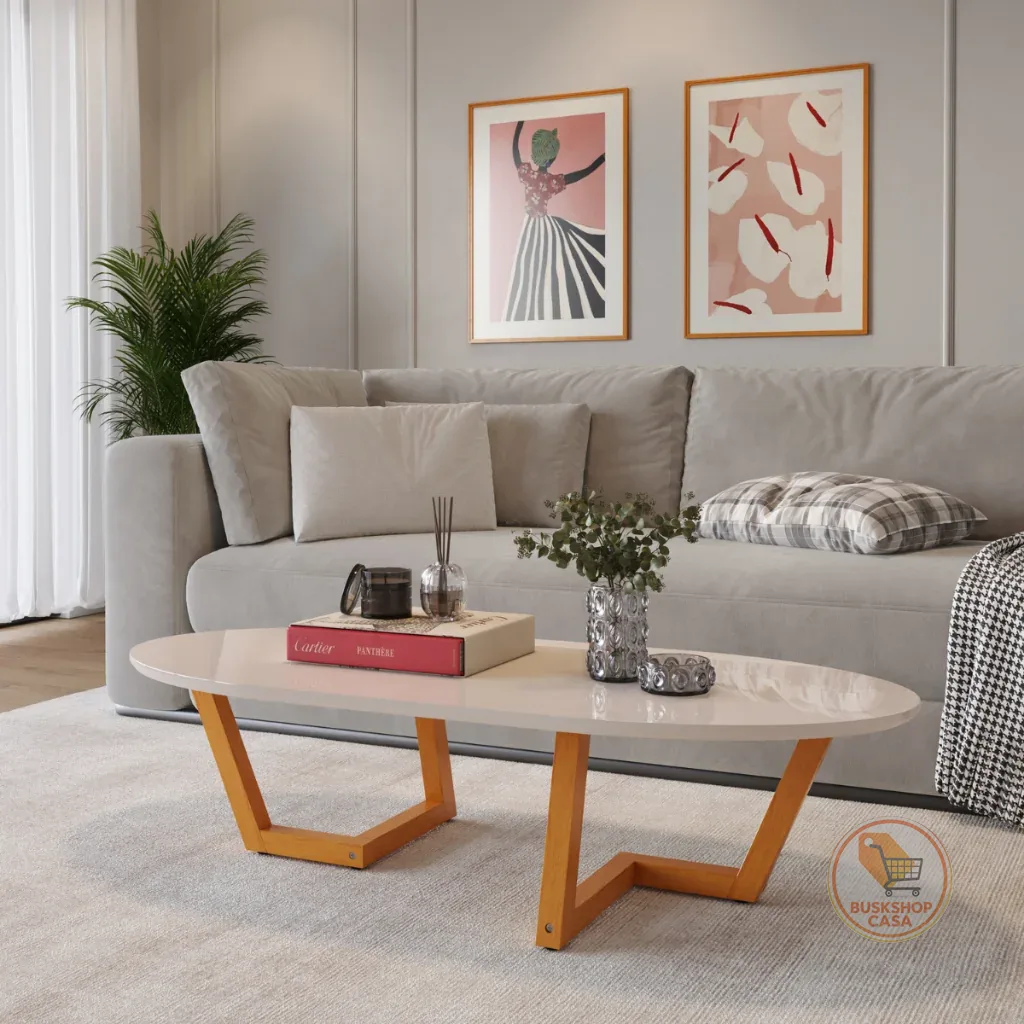 Mesinha De Centro Sala de Estar Moriá Oval Pés De Madeira Maciça Decoração Moderna