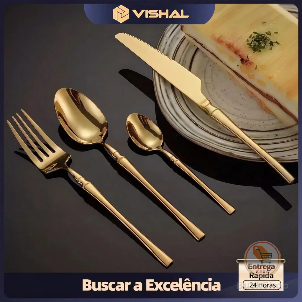 Conjunto de 24 Talheres de Aço Inoxidável Dourado Conjunto de Talheres Cintura Fina Dourado Série Deluxe