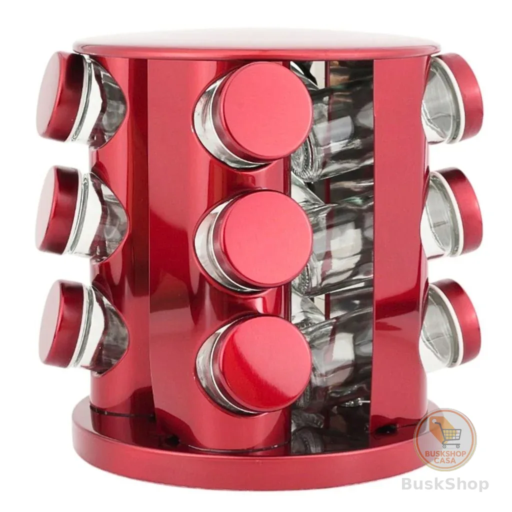 Porta Condimento Giratório 12 Potes Vidro Vermelho Metálico