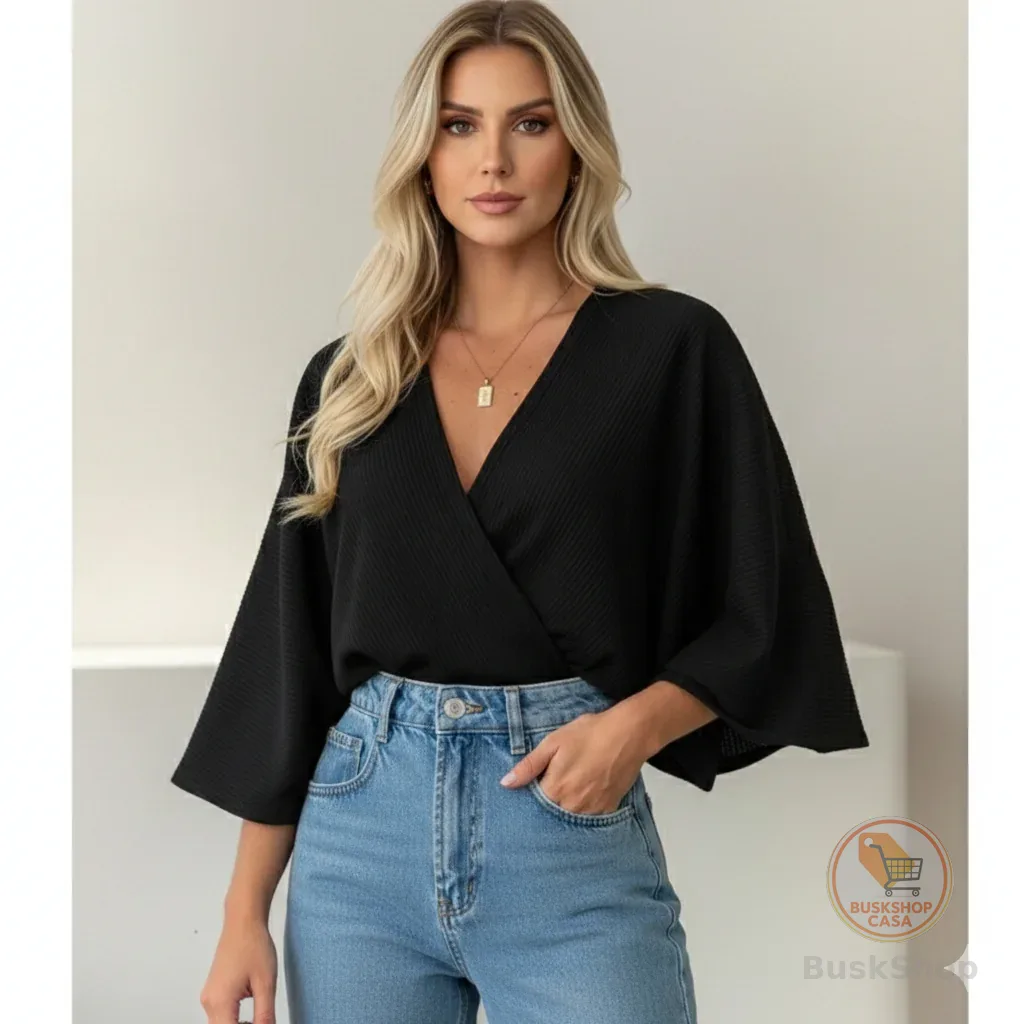Blusa Feminina Transpassada Manga Morcego em Malha Canelada Premium