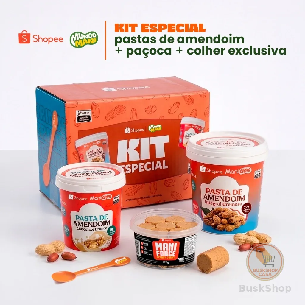 Kit 02 Pasta de Amendoim Integral e Chocolate Branco + Paçoca Collab Mundo Mani e Shopee