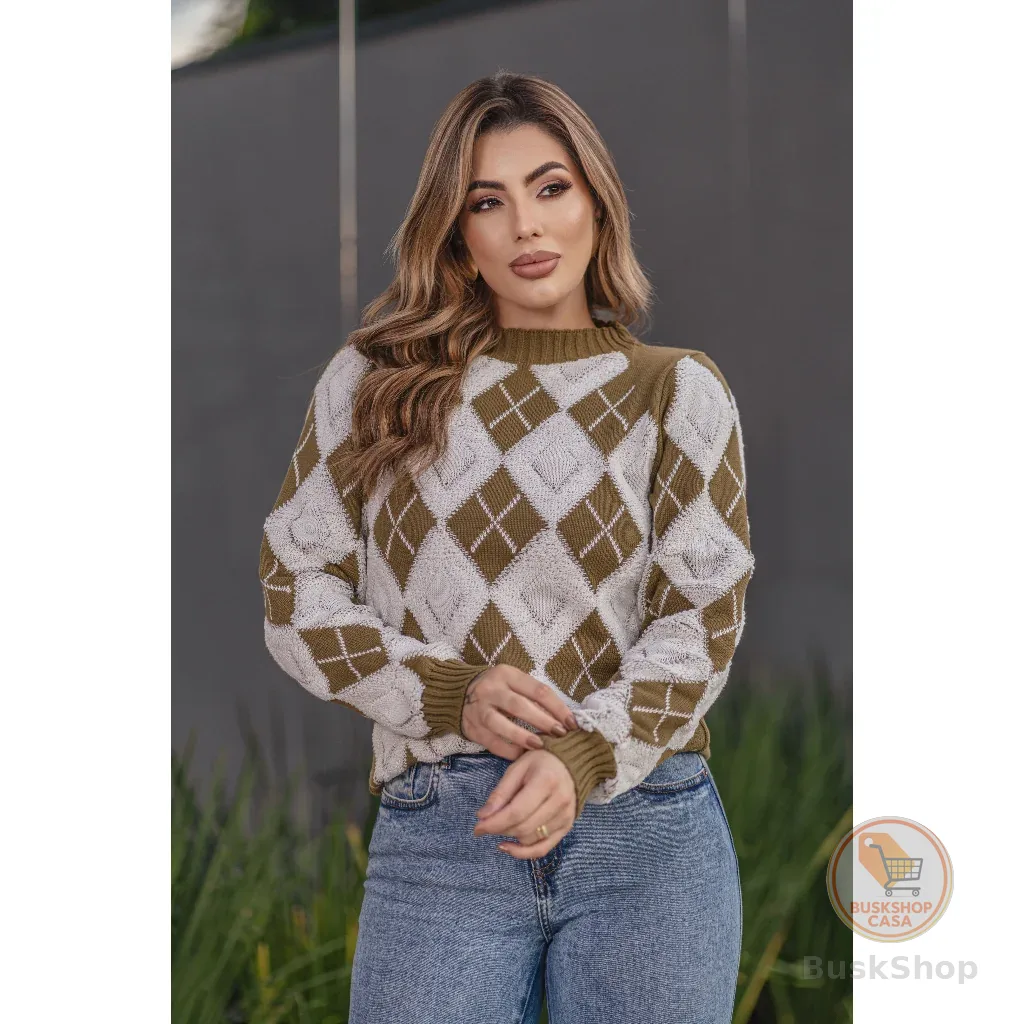 Blusa Feminina de Frio em Tricot Manga Longa com Detalhes de Losango Tipo Escocesa Moda Inverno