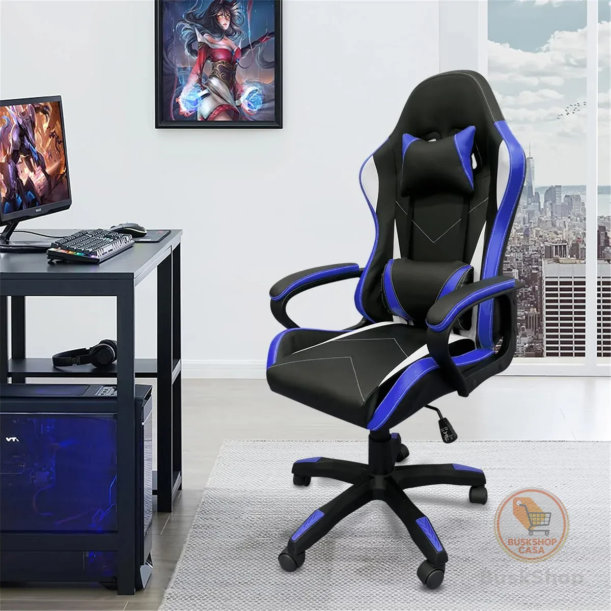 Cadeira de jogos com encosto alto, apoios de braços fixos em quatro pontos, altura ajustável (Azul)