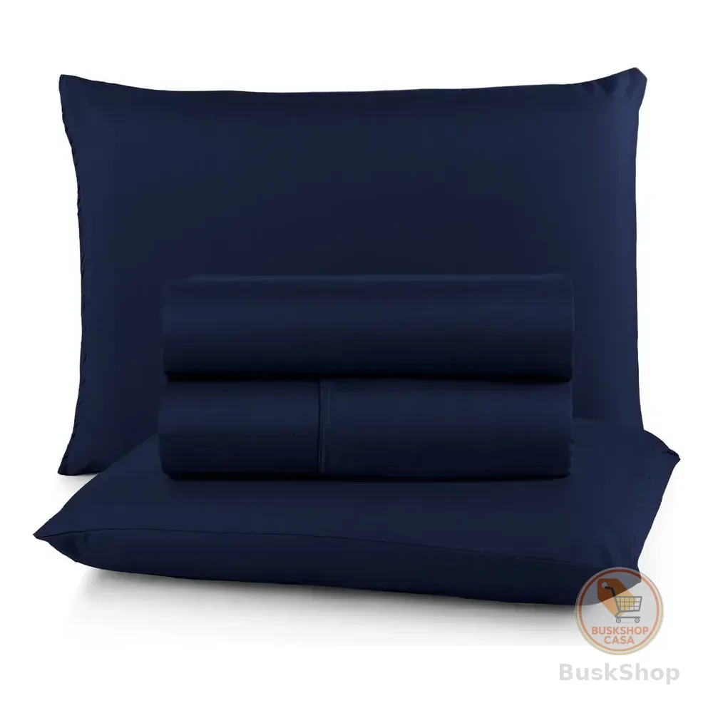 Jogo De Lençol Casal 400 Fios 4 Peças Conforto Premium Cama Azul-marinho Liso