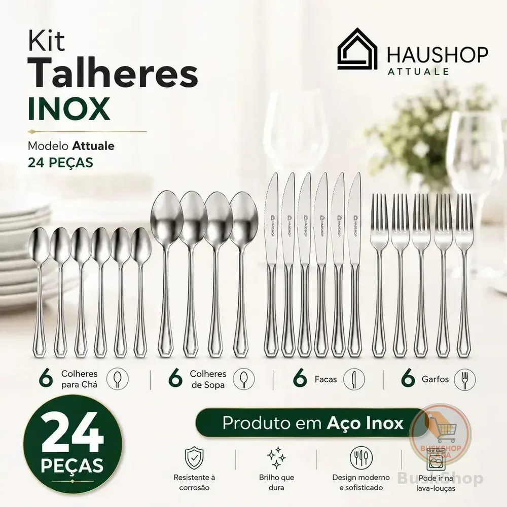 Faqueiro Inox 24 Peças Attuale Haushop Jogo De Talheres Kit Completo Premium Mesa Posta Inox Resistente Prateado