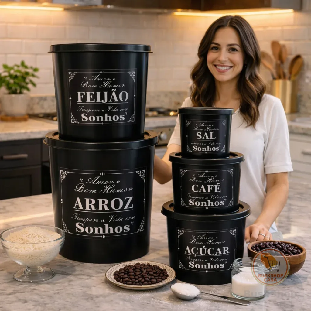Kit Potes Para Mantimentos Alimentos Plástico Premium 5 Potes Cozinha Decorada e Organizada
