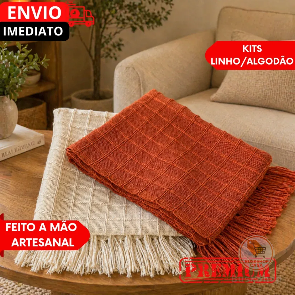 Manta Para Sofá GG e Peseira De Cama Terracota E Cru Detalhe Em Quadriculado artesanal...