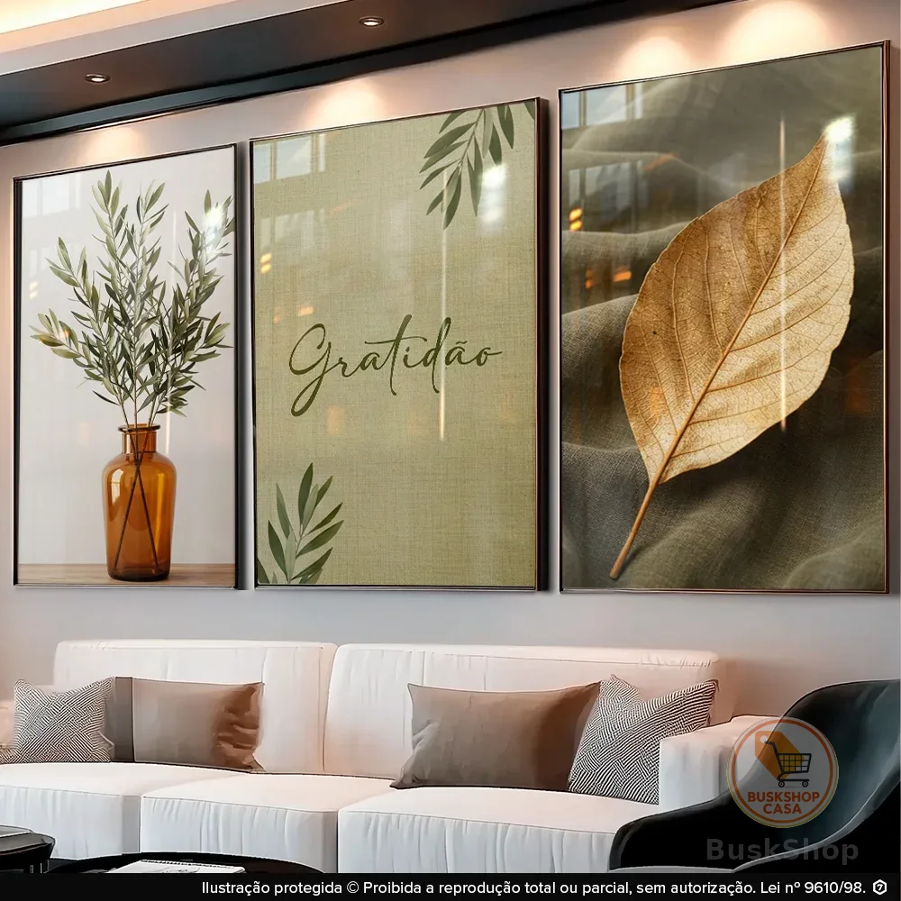 Kit 3 Peças Painel de Quadros Decorativos Gratidão Para Sala Vaso Folha Verde