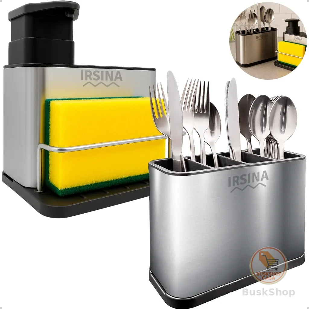 Kit Dispenser de Detergente Porta Sabão com Escorredor Porta Talheres para Pia Cozinha Inox