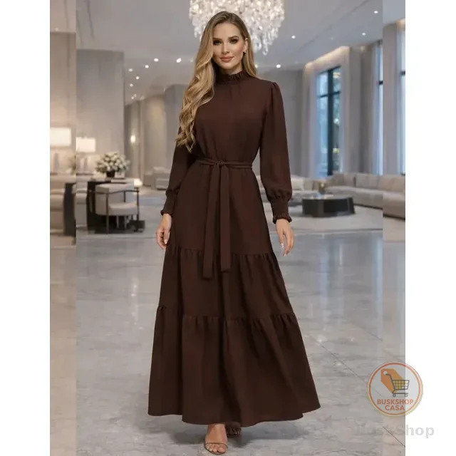 Vestido Longo Feminino Manga Longa Gola Alta Evangélico Luxo