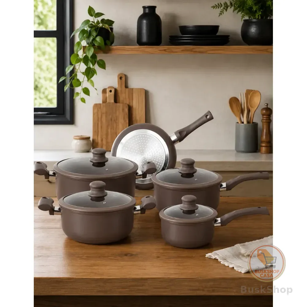 Conjunto De Panelas Cerâmica Antiaderente Indução 5 Peças Marrom-escuro