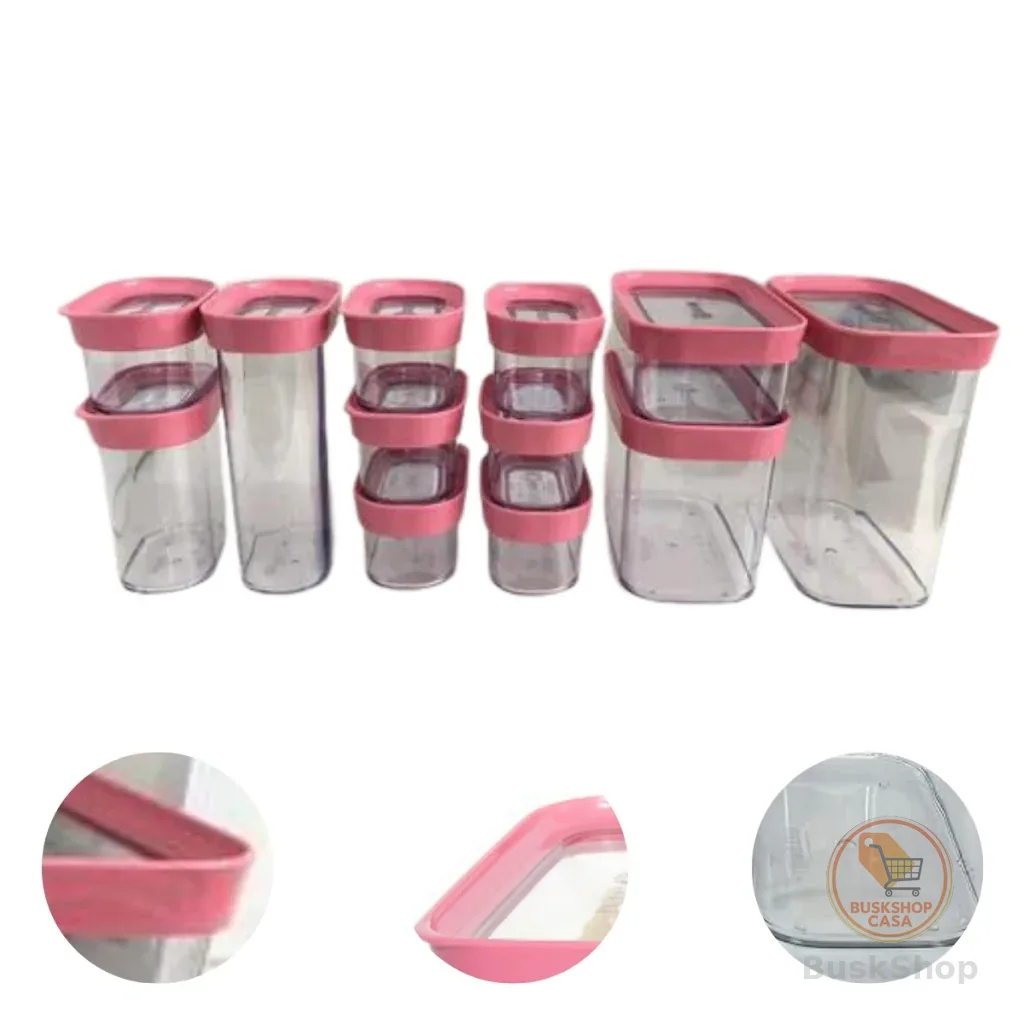 Kit 12 Potes Herméticos Empilhável Para Mantimentos em Acrílico Rosa