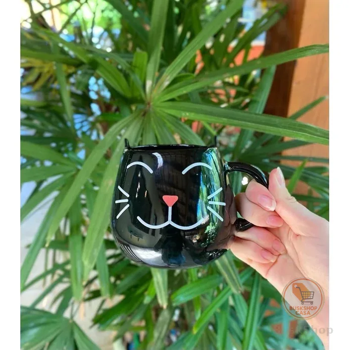 Caneca Café Chá Gato Preto Carinhas 500ml Porcelana Fofa Presente Criativo