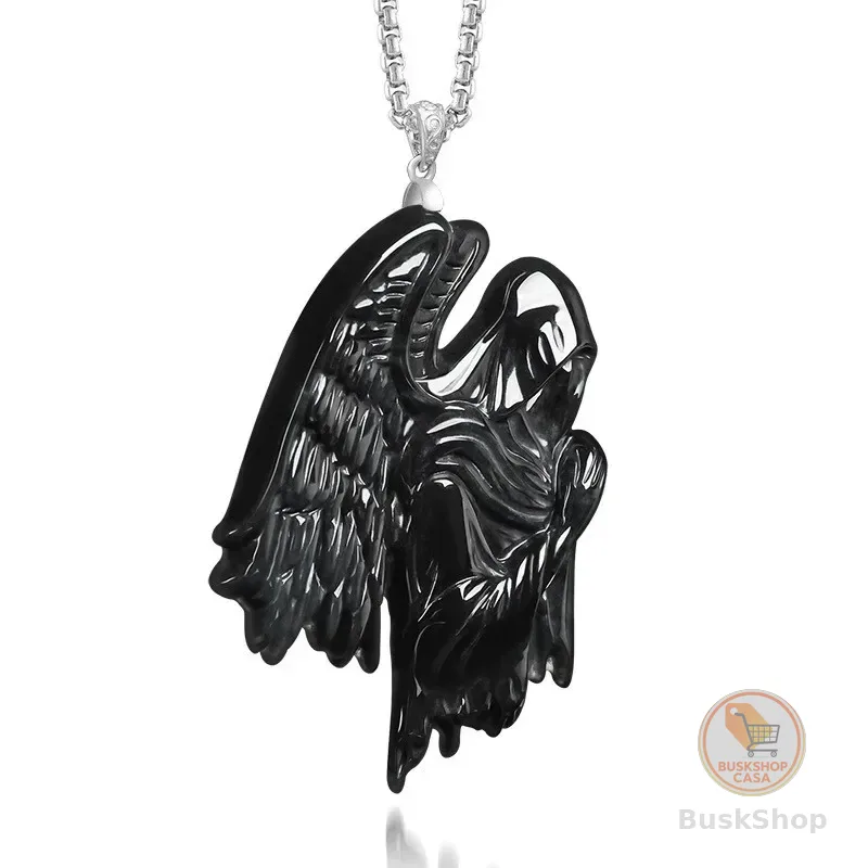 Colar Pingente Anjo Noturno de Prata S925 com Esmeralda Natural Genuína Cor Frango Preto, Joia da Moda com Certificado, Presente