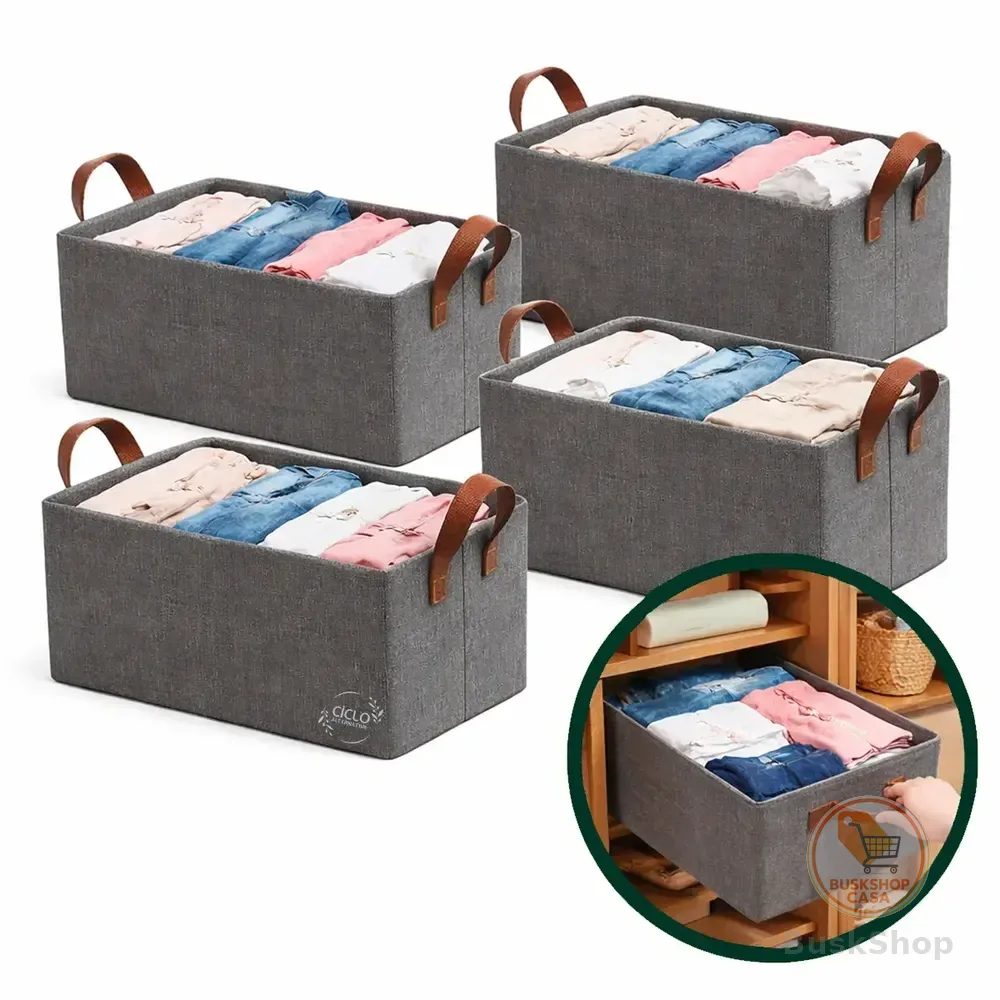 Kit 4 Caixas Cesto Organizadora Grande Dobrável Guarda Roupa Gaveta Mesas Banheiro Cor Cinza