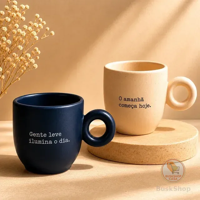 Conjunto 2 Canecas Cerâmica Com Alça Redonda E Frases