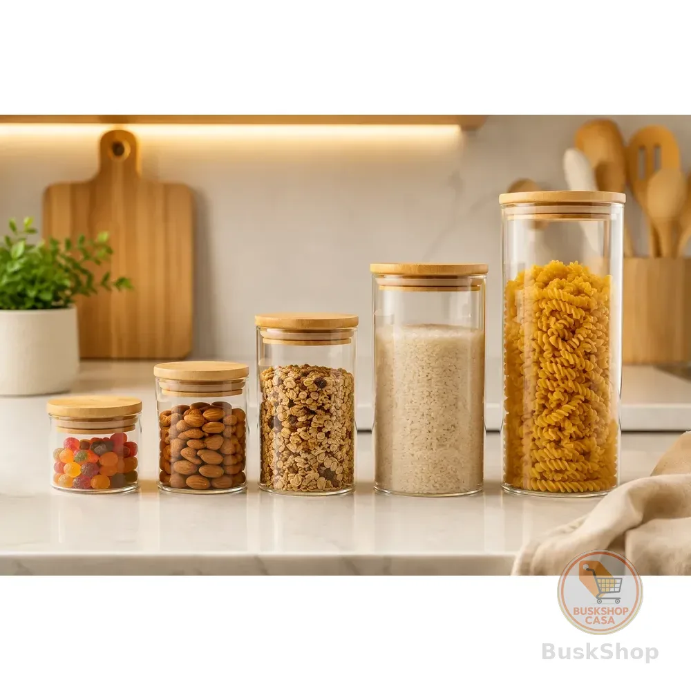 Kit 5 Pote Vidro Hermético Tampa De Bambu Cozinha Mantimento Transparente