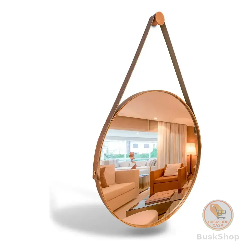 Espelho Adnet Redondo Pequeno 40cm Com Alça Em Couro Ecológico Caramelo Eddias Sala Quarto Banheiro Hall Decoração Suporte Parede Pino