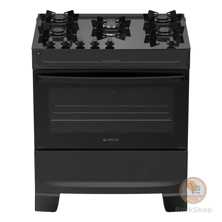 Fogão 5 Bocas Atlas Mônaco Top Glass Automático Mesa De Vidro Preto 127/220v
