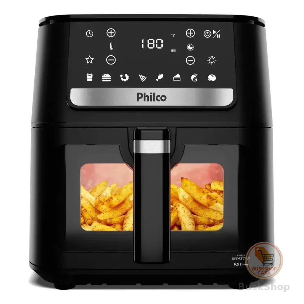 Air Fryer Philco 9,5l Visor Glass Redstone 1800w Paf95a Preto Com Acabamento Inox 220v